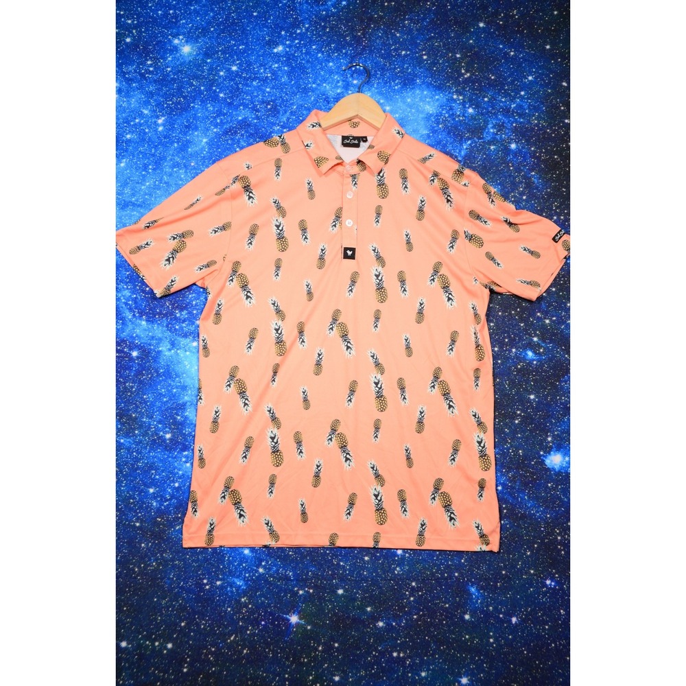 Bad Birdie Polo Shirt Mens Medium Orange Pineapple Print Golf Performance Casual
